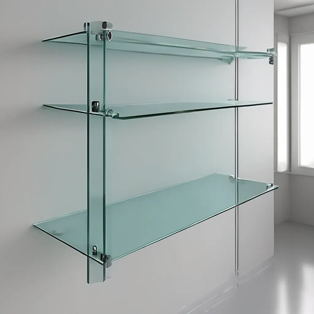 A 3mm toughened glass shelf showcasing load calculation details with text and icons for strength and thickness measurement.