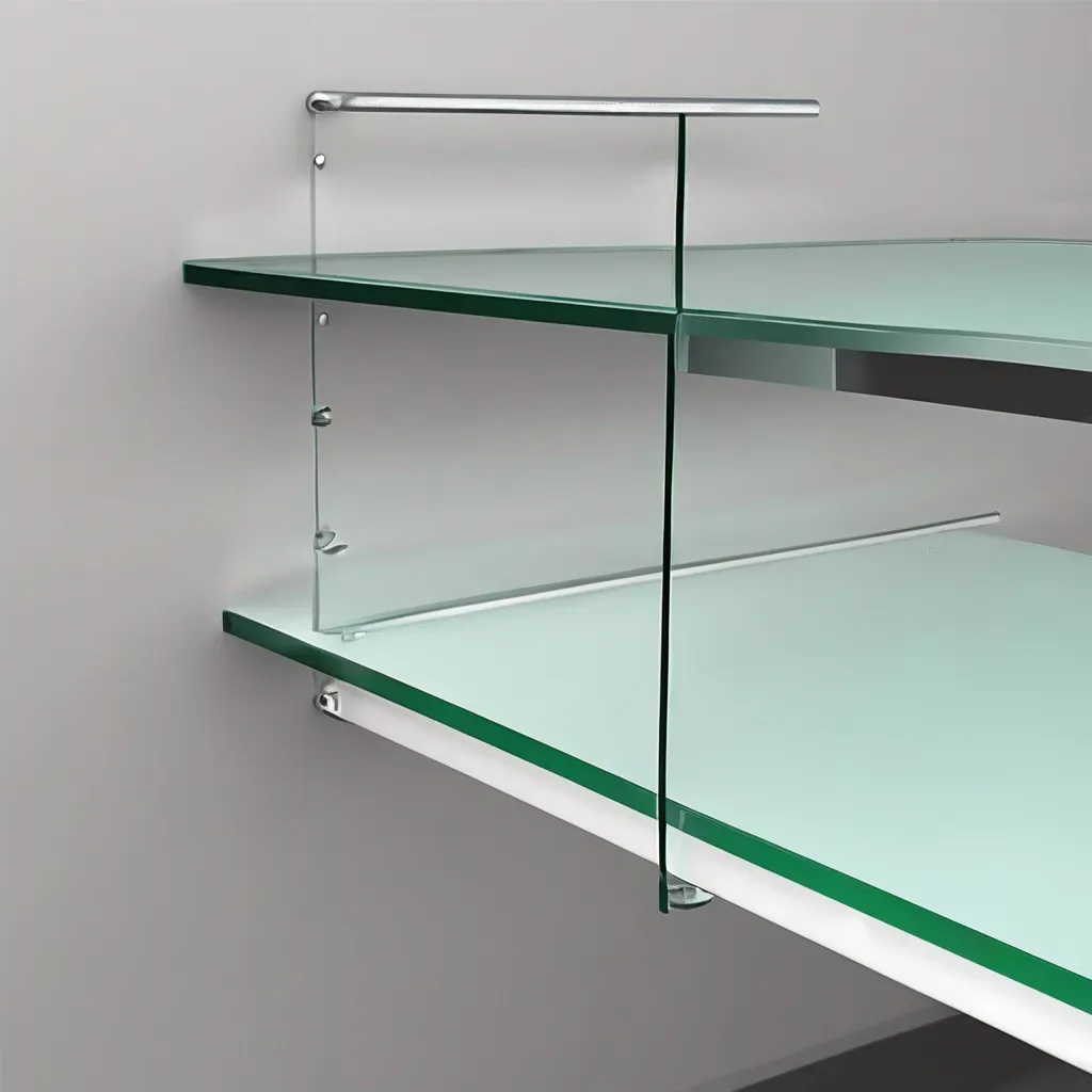 "Illustration showing load capacity calculation for a 3mm toughened glass shelf in a stylish interior design setting."