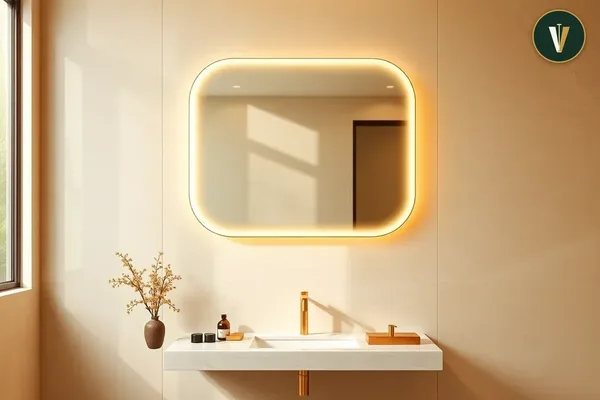 A bathroom mirror with a gold frame and a window behind it.
