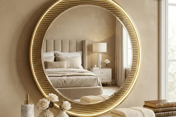 A large round mirror on a white table with a white vase and books on it.