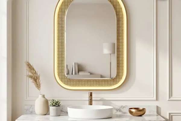 A large mirror with a white frame sits above a wooden sink vanity.