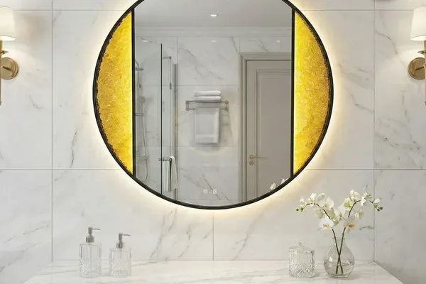 A circular mirror with a yellow border.