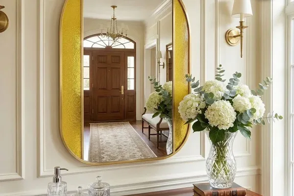 A large mirror on a table with a vase of flowers in front of it.