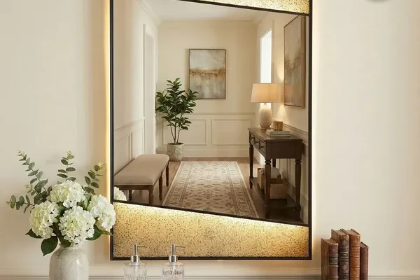 A mirror with a gold frame and a picture of a room on it.