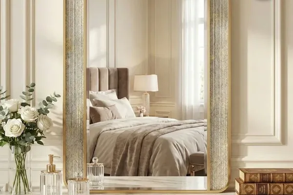 A gold framed mirror with a white bed in the reflection.
