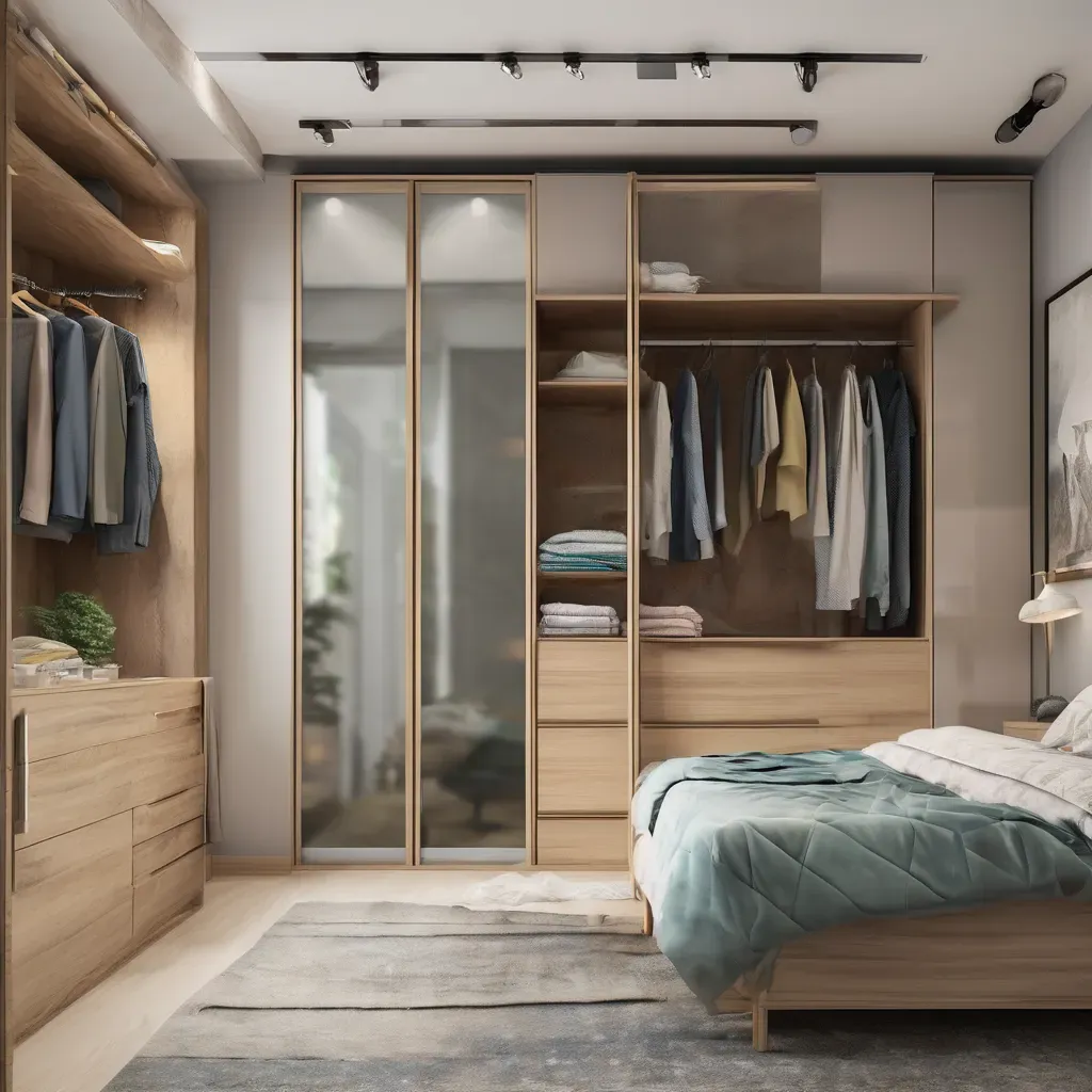 Built-in glass wardrobe in a compact Bangalore bedroom, showcasing a sleek, modern design that maximizes space and light.