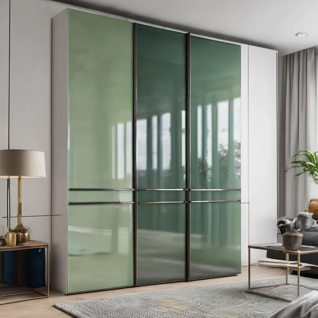 A modern bedroom with colored glass wardrobe shutters showcasing vibrant trends in Bangalore’s interior design for 2026.