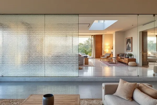 Open Plan Indian Home Interior Showing Several Glass Element — home interiors design concept