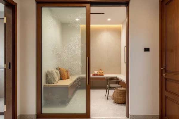 Sliding Etched Glass Door On A Pooja Room — pooja room design concept