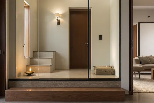 Pooja Space Divided From The Living Room By A Half Height Gl — pooja room design concept
