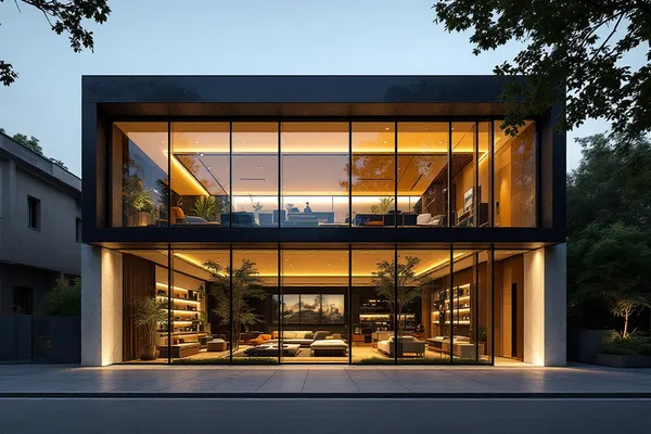 Dusk Showroom Facade — glass facade