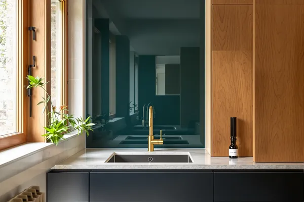 Back Painted Splashback Teal — glass interiors for a 2BHK home