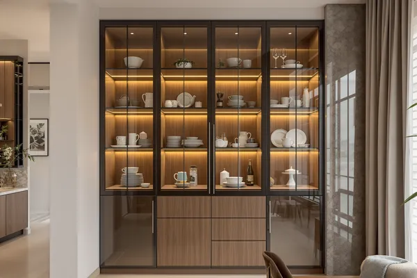 Crockery Unit Fronts — glass interiors for a 2BHK home