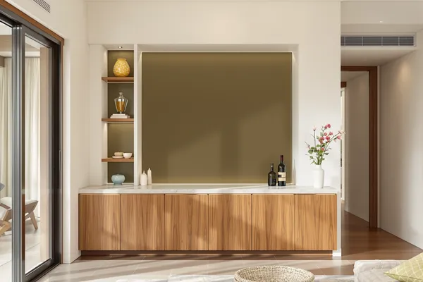 Back Painted Accent Wall — glass interiors for a 2BHK home