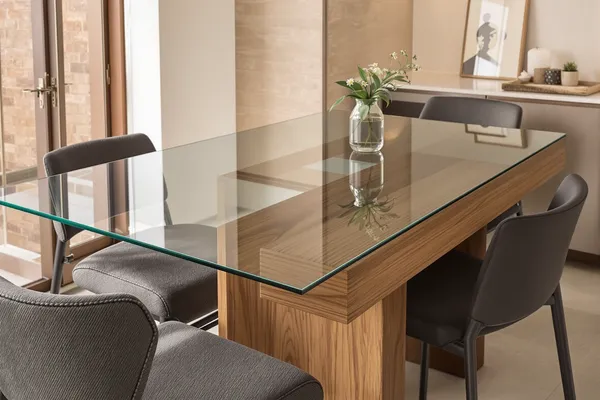 Toughened Dining Top — glass interiors for a 2BHK home