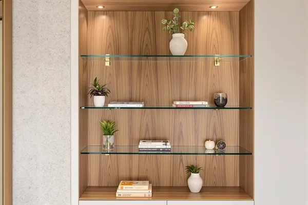 Floating Glass Shelves — glass interiors for a 2BHK home