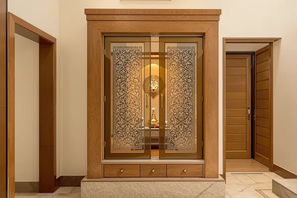 Etched Pooja Doors — glass interiors for a 2BHK home
