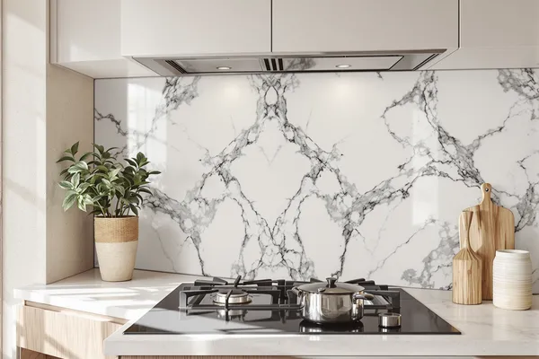 Marble Look Splashback — glass interiors for a 3BHK home