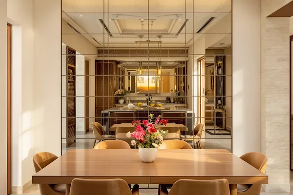 Antique Mirror Dining Wall — glass interiors for a 3BHK home