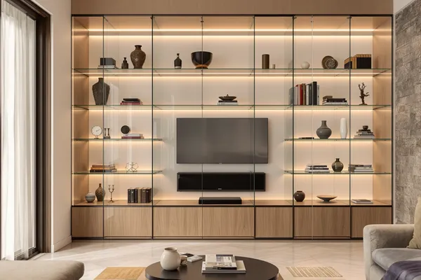 Display Shelving Lit — glass interiors for a 3BHK home