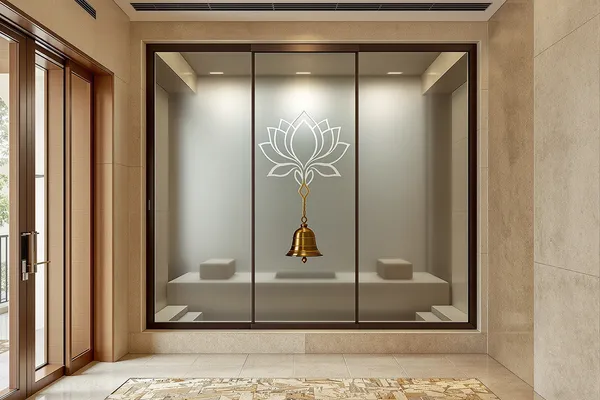 Pooja Room Etched Screen — glass interiors for a 3BHK home