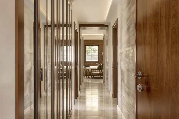 Corridor Mirror Run — glass interiors for a 3BHK home