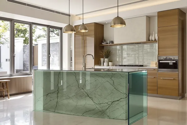 Island Waterfall Glass — glass interiors for a villa