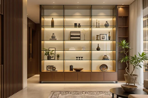 Lit Display Wall — glass interiors for a villa