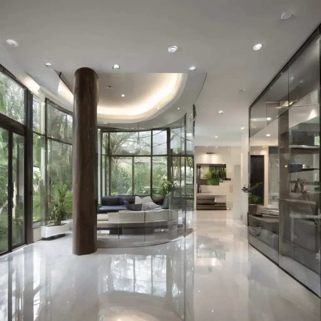 Modern glass interior design in Bangalore, featuring sleek partitions and elegant accents with natural light streaming throug
