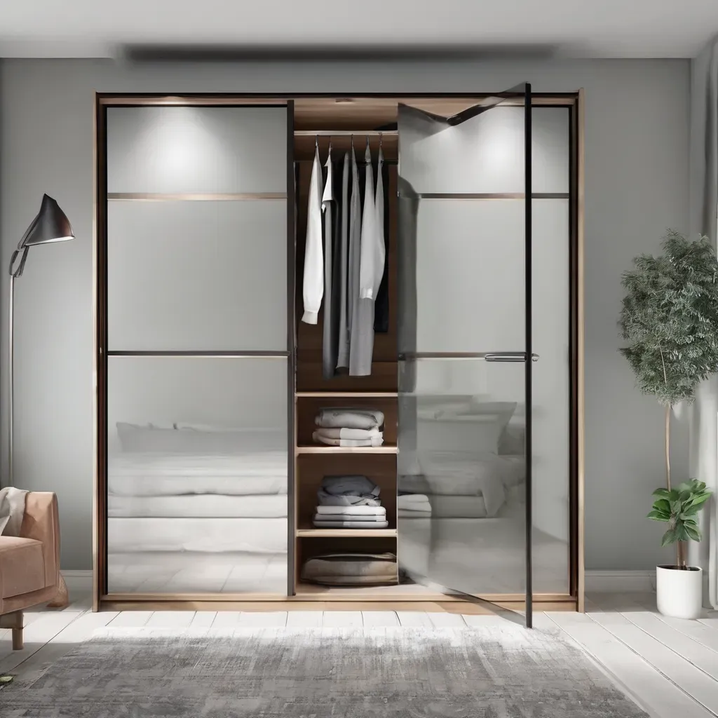 Sleek glass wardrobe doors with modern interiors, offering free quotes and measurements online in Bangalore.