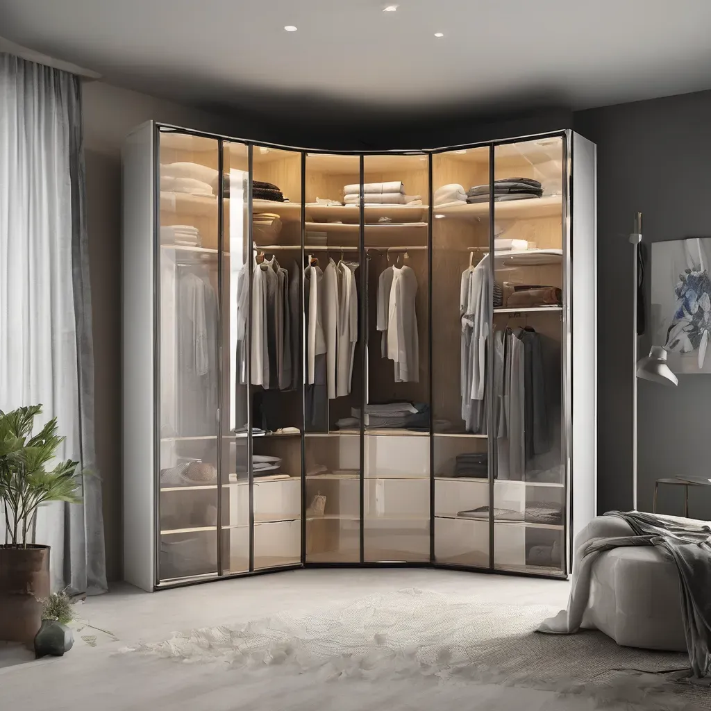 Corner glass wardrobe in Bangalore home, showcasing sleek, space-saving design for modern and compact urban living.