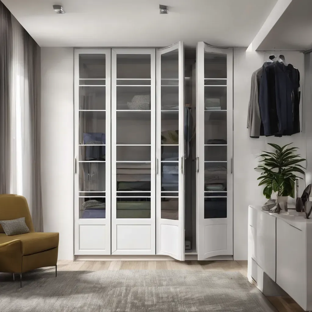 Modern glass wardrobe shutters with sleek design, reflecting light in a contemporary Bangalore bedroom setup.
