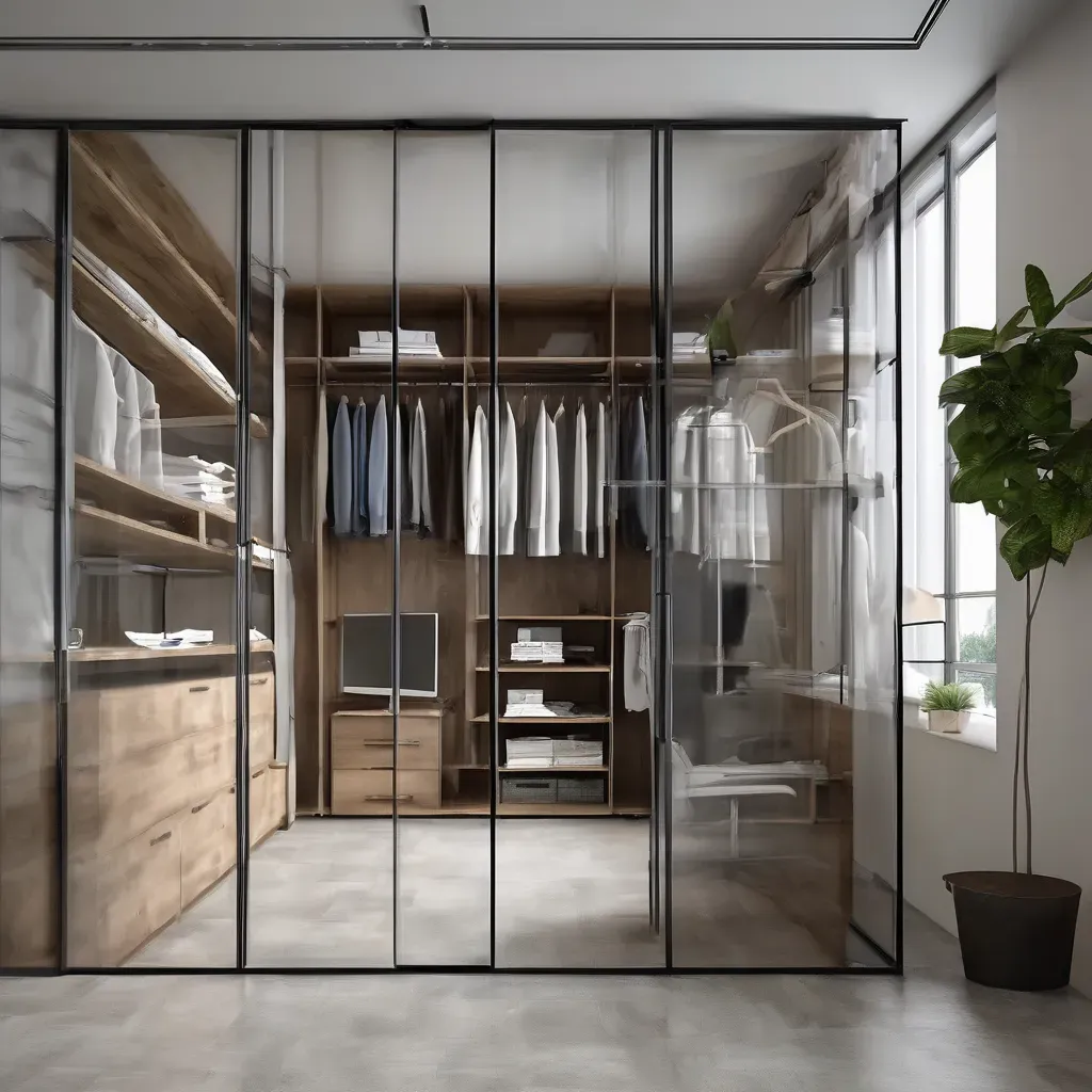 Sleek modular glass wardrobe in an office setting, showcasing modern design and space optimization in Bangalore.