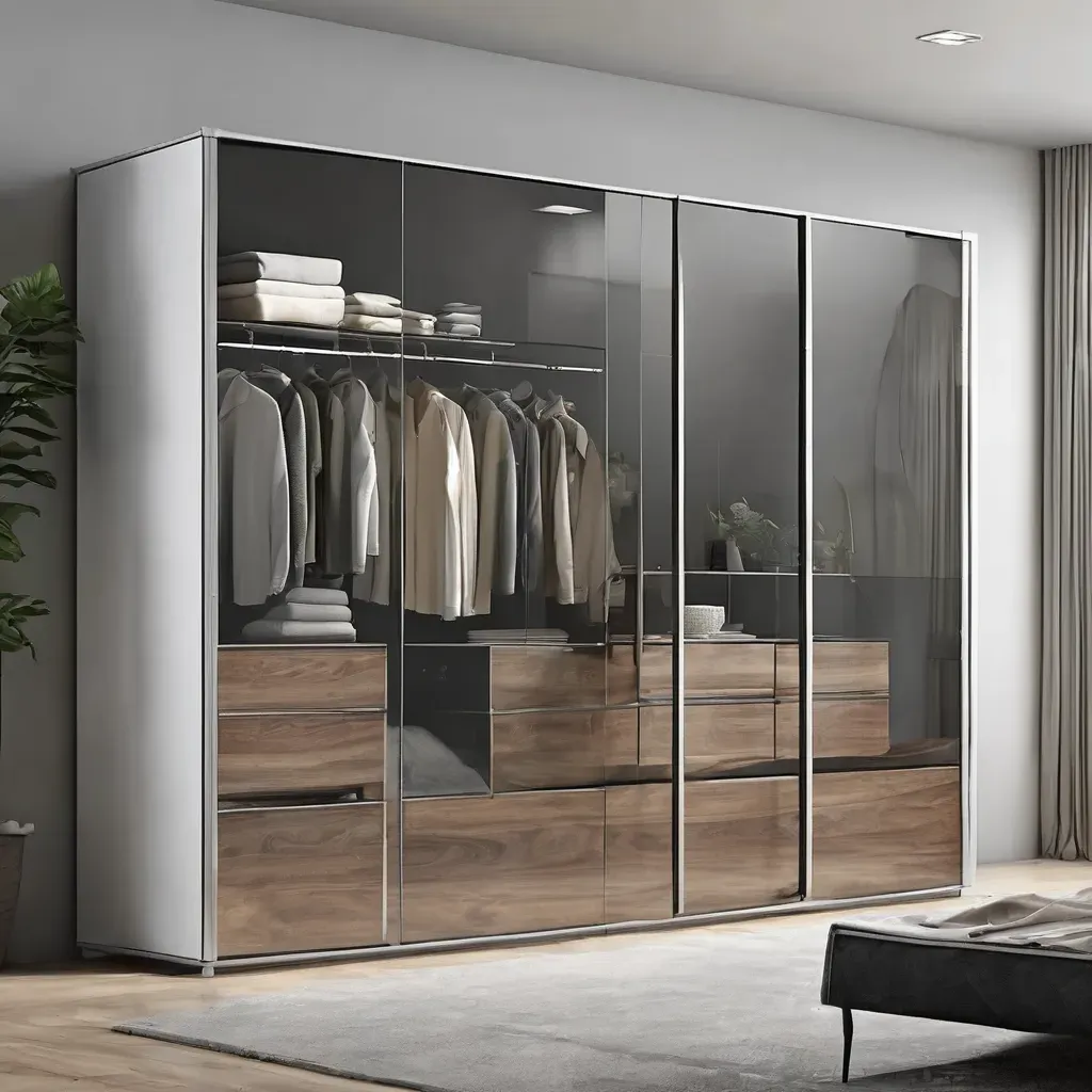 A sleek modular glass wardrobe in a modern bedroom, showcasing elegance and functionality with reliable warranty service.