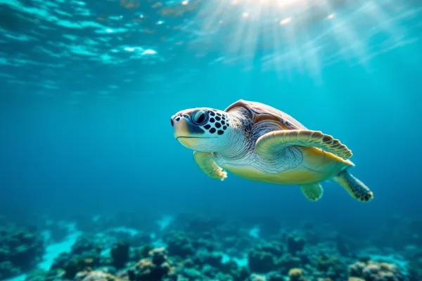 Sea Turtle Gliding Over the Reef