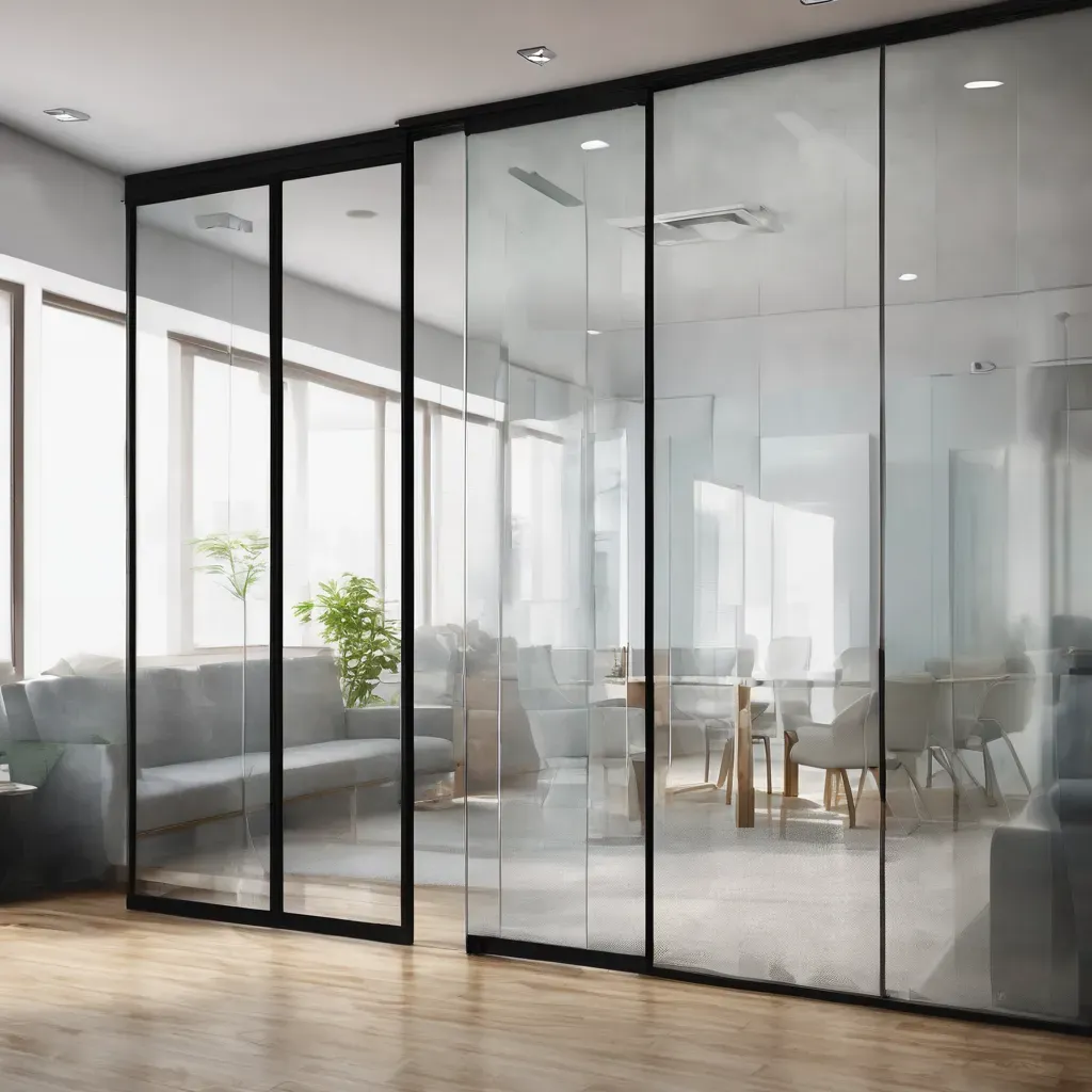 A modern bathroom with a sleek semi-frameless glass partition dividing the shower area; clean and contemporary design.