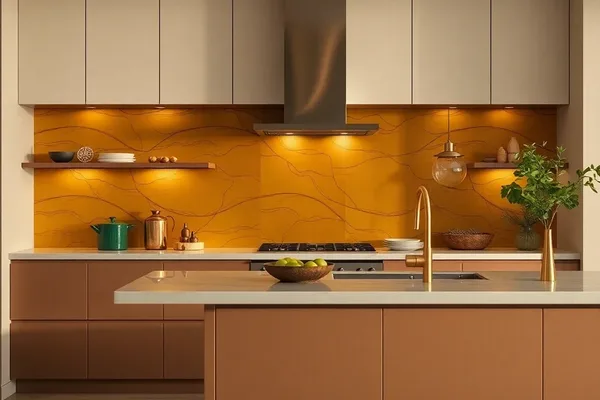 A kitchen with a yellow backsplash and a metal faucet.