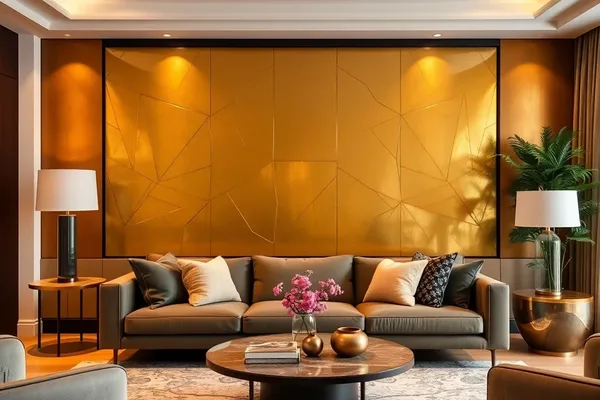 A wall with a gold design and a couch with tan pillows.