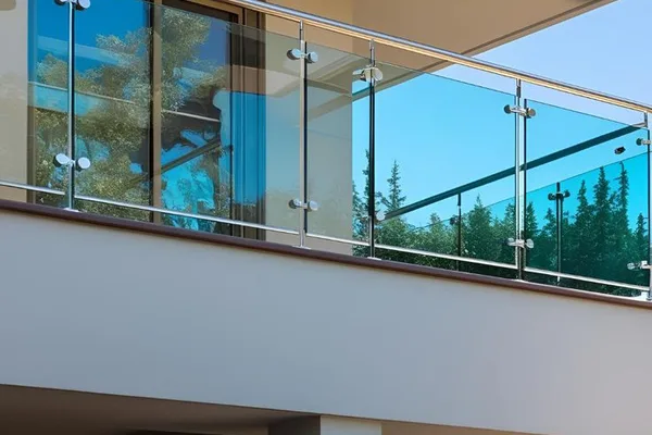 A glass balcony railing with clear glass and metal supports.