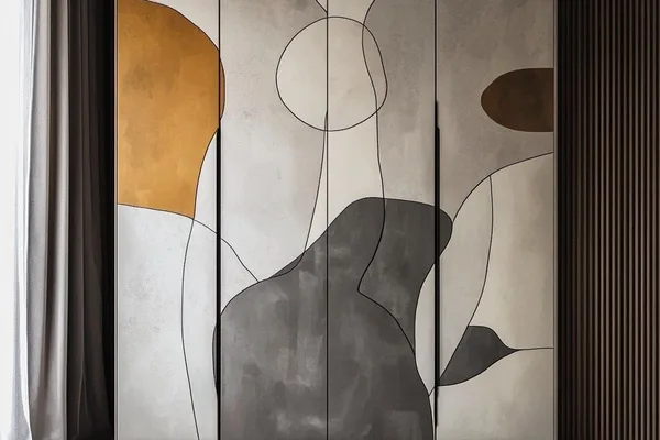 A wall with a painting of a sun and a moon.
