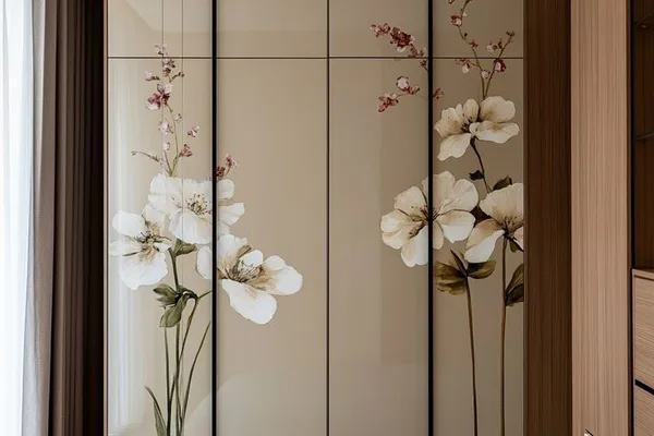 A framed glass wardrobe with two flower designs on it.