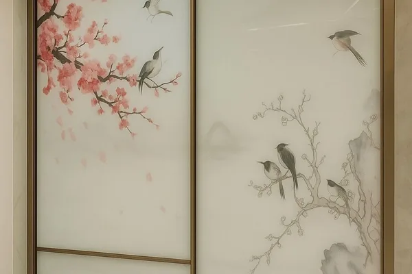 A window with a glass panel of birds and flowers on it.