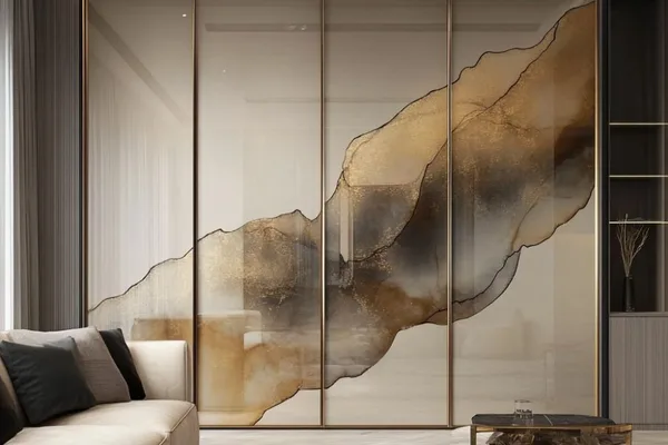 A modern living room with a curved glass wall and a couch.