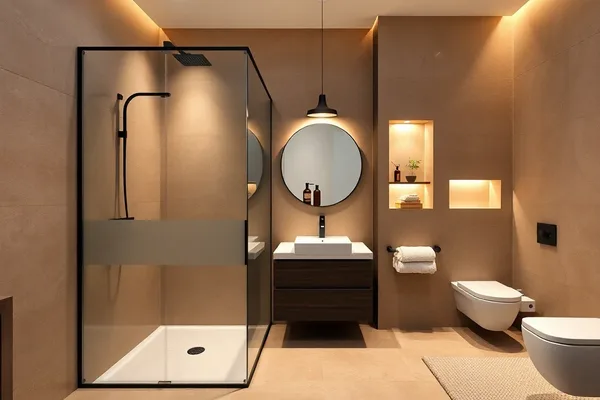 A frameless glass shower enclosure is shown in a bathroom.