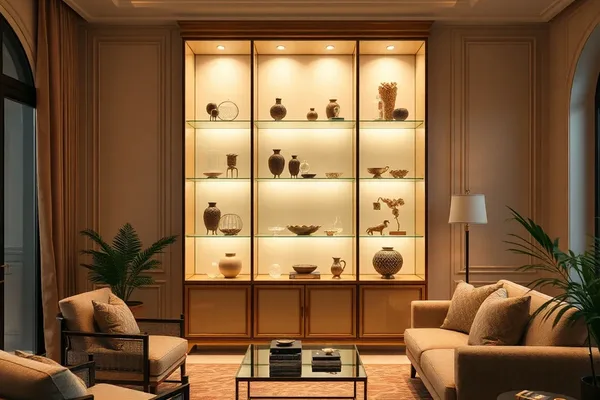 A glass case with a gold trim holds various vases and bowls.